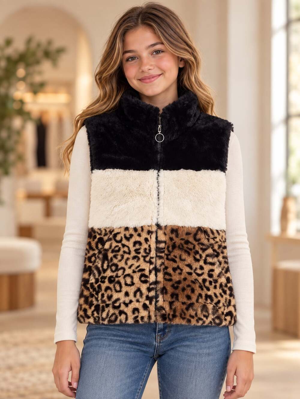 Urban Republic Girls Faux Fur Vest Leopard Colorblock Zip Front M 10/12